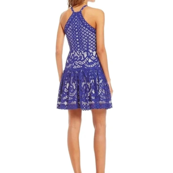 GIANNI BINI HALTER LACE OVERLAY DROP WAIST FIT & FLARE DRESS COBALT MEDIUM EUC - Picture 2 of 16